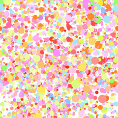 Abstract hand drown polka dots background. White dotted seamless pattern with rainbow circles. Template design for for Birthday, party holiday, banner, textile, fabric. Summer confetti illustration