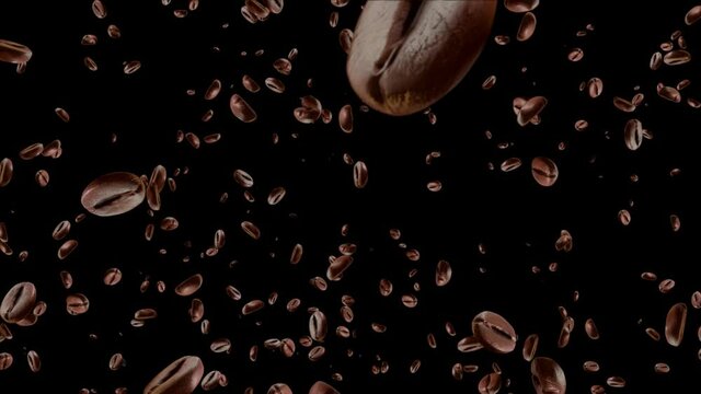 Caffeine drink, Breakfast, Aroma. 3D roasted coffee beans rotating loop Animation. Roasted coffee beans on a dark background. coffee shop cafe, morning meetings, caffeine addiction.