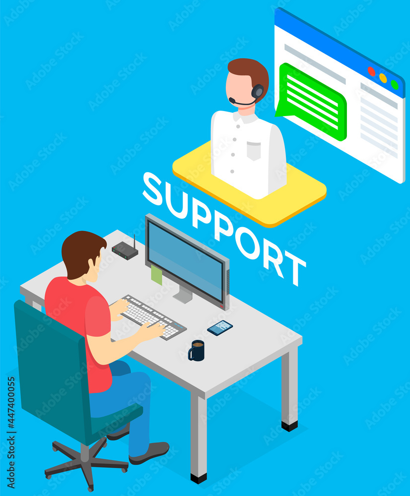 Poster male helpline operator with headset consulting client. online global tech support via internet. oper