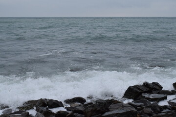 Beautiful seascape. Black Sea. Waves. Pebble beach.