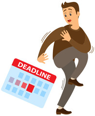 Deadline concept scared man hiding from work and problems at workplace. Businessman fear. Workload deadline disasters. Mess and tasks. Stress man in office. Overwork, many assignments and little time