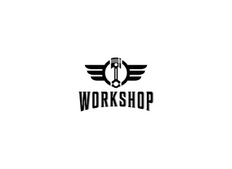 logo for motorized vehicle repair shop with winged piston illustration reflecting engine helper angel