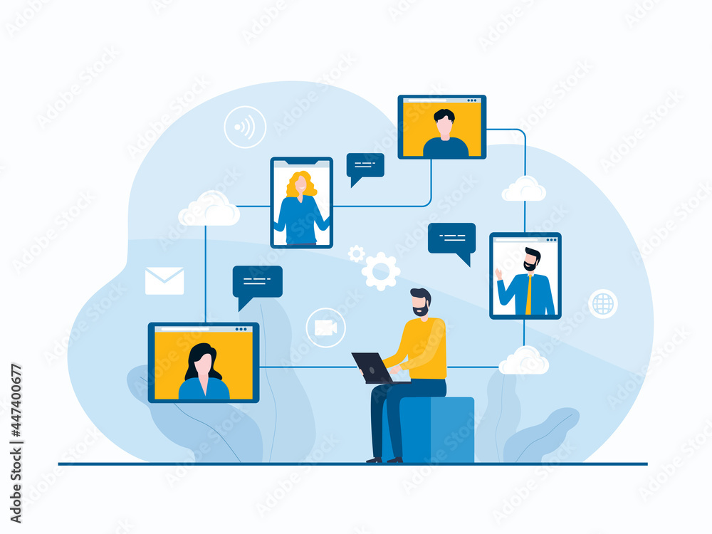 Poster flat vector design technology remote working concept and business people working at home workplace c