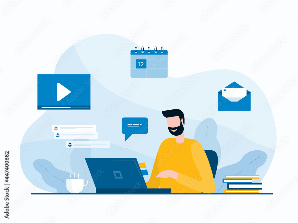 Aufkleber flat vector business man working at workplace with technology telecomputing and smart working concept