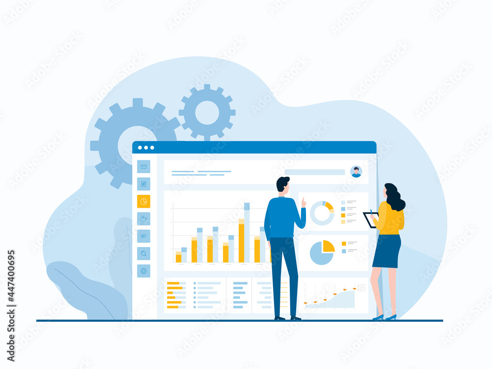 Fototapete flat vector business analytics and monitoring on web report dashboard monitor and business finance investment concept with business team working concept