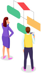 Business people looking at whiteboard with schemes, programmer examining charts and info on board, working with data. Characters discuss while working with statistical graph. Profit sectorized diagram