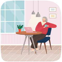 Adult woman sitting on chair at home or restaurant at cozy table drinking coffee vector illustration. Female character having lunch in apartment, drinking, enjoying free time resting after work