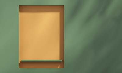 3D shelf on wall with tree shadow on green and orange background ,summer product mockup background,3D render illustration