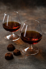 Armagnac,  brandy, cognac - strong alcoholic drink in glass