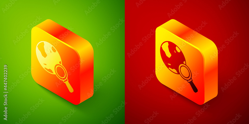 Aufkleber isometric magnifying glass with globe icon isolated on green and red background. analyzing the world