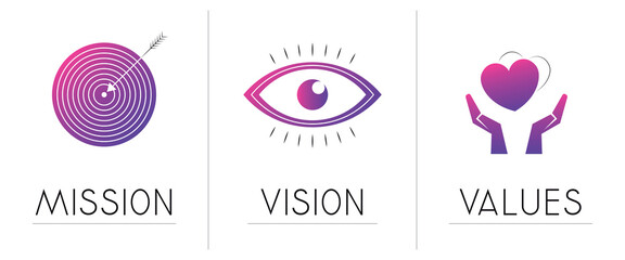 Mission, vision, values concept - three icons - vector illustration - obrazy, fototapety, plakaty
