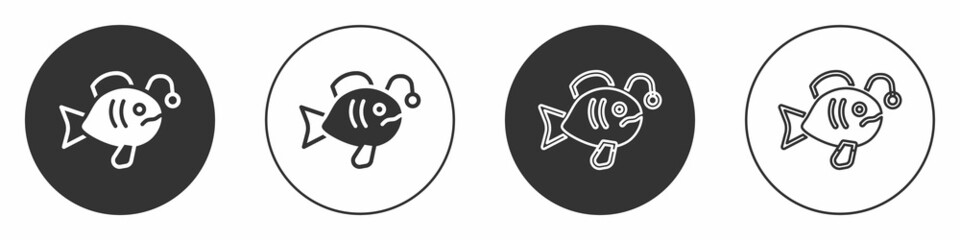 Black Tropical fish icon isolated on white background. Exotic fish. Circle button. Vector