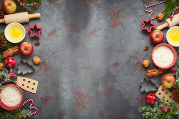 Christmas holiday cooking and baking background with kitchen utensils, iingredients and ornaments. Menu or recipe mock up design