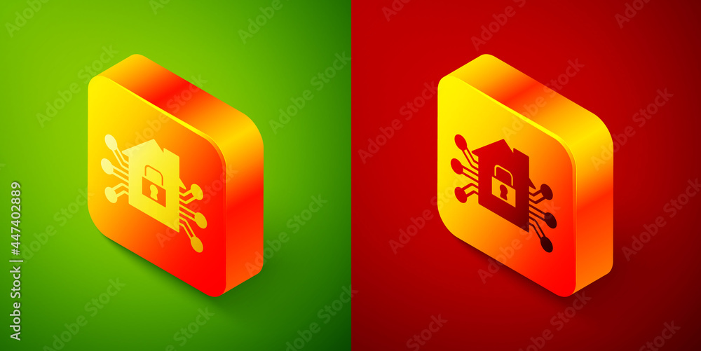 Poster isometric smart home icon isolated on green and red background. remote control. square button. vecto