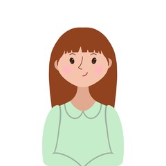 A cartoon stylized portrait of a waist-high woman on a white background, an employee or housewife, a freelancer or an office worker. For Guides, Presentations, Advertising, Manuals, Checklist, Booklet