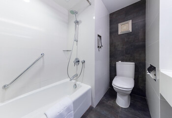 Naklejka na ściany i meble Renovated bathroom with toilet, shower tub, and sink