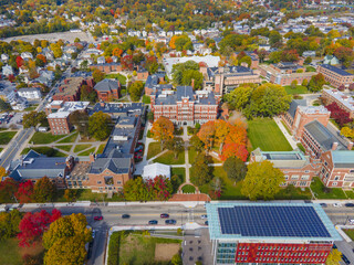 Clark University and University Park aerial view with fall foliage in City of Worcester, Massachusetts MA, USA.