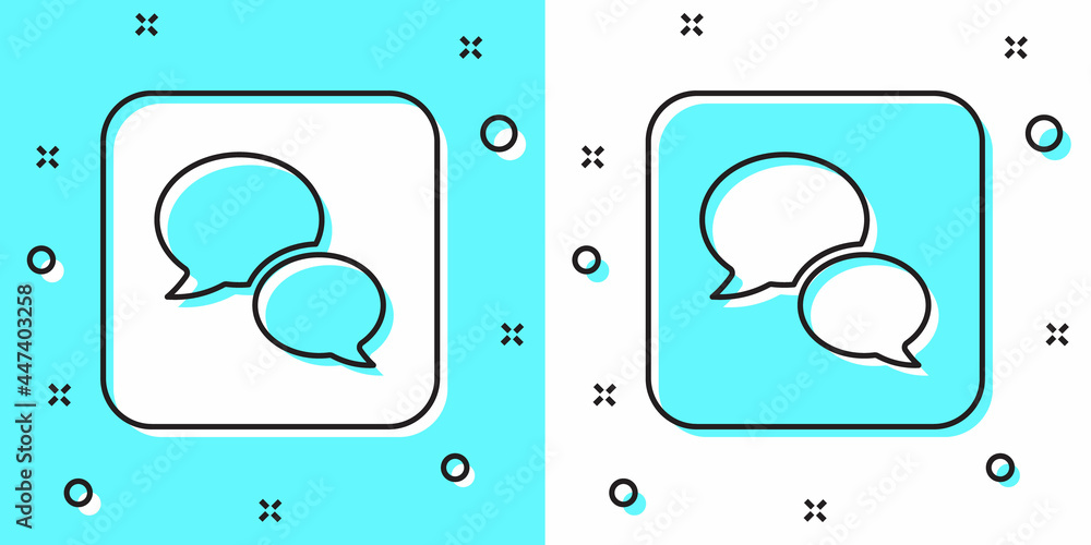 Poster Black line Speech bubble chat icon isolated on green and white background. Message icon. Communication or comment chat symbol. Random dynamic shapes. Vector