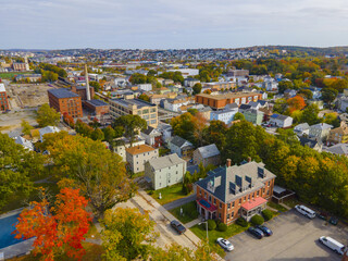 Aerial view of historic downtown Worcester with fall foliage in city of Worcester, Massachusetts MA, USA. 