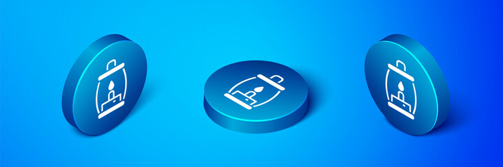 Isometric Camping lantern icon isolated on blue background. Happy Halloween party. Blue circle button. Vector