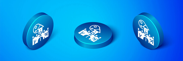 Isometric Castle icon isolated on blue background. Medieval fortress with a tower. Protection from enemies. Reliability and defense of the city. Blue circle button. Vector