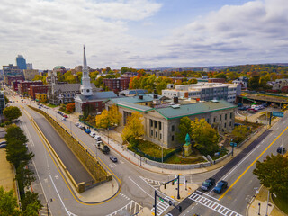 Old Worcester District Court aerial view at 2 Main Street with fall foliage in city of Worcester, Massachusetts MA, USA. 
