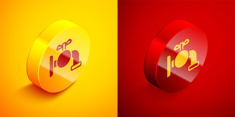 Isometric Tap for a barrel icon isolated on orange and red background. Circle button. Vector