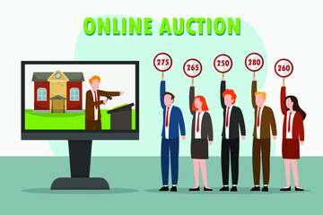 Online auction vector concept: Group of people bidding in online auction while holding paddle auction 
