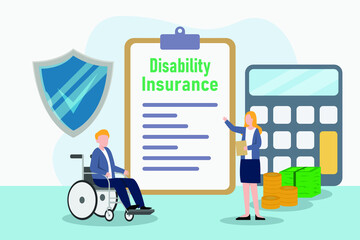 Disability insurance vector concept: Insurance agent offering disability insurance to young man while sitting on the wheelchair