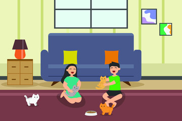 Pets vector concept: Two little children playing together with cats at home while enjoying leisure time 