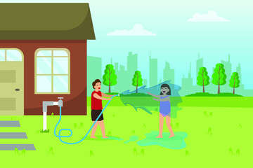 Obraz na płótnie Canvas Quality time vector concept: Two little children playing with water hose in the backyard while enjoying leisure time 