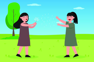 Playtime vector concept: Two little girls playing with dandelion in the park together while enjoying leisure time 