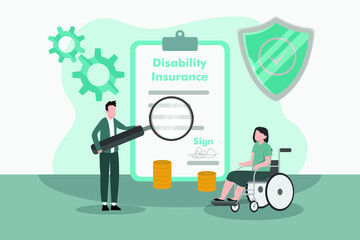Disability insurance vector concept: Young man looking at disability insurance form with disabled woman while using magnifying glass