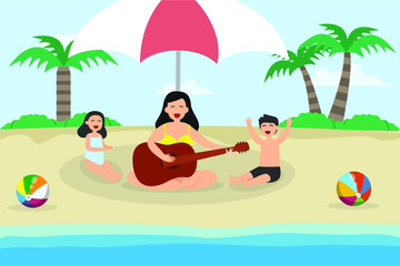 Obraz na płótnie Canvas Quality time vector concept: Young mother playing guitar with her daughter and son while enjoying quality time in the beach