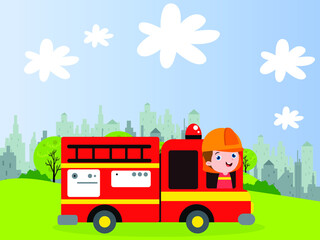 Little boy cartoon character driving firefighter truck on the road