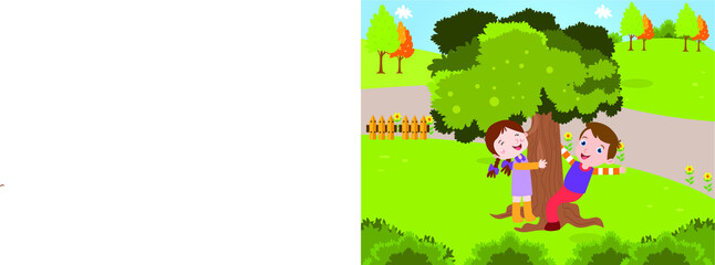 Happy children cartoon character hugging tree trunk at the park