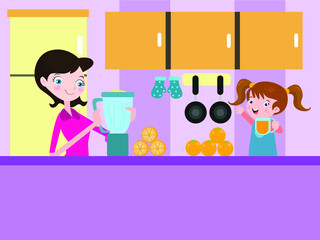 Making Orange Juice vector concept. Happy little girl cartoon character and her mother making orange juice in the kitchen at home