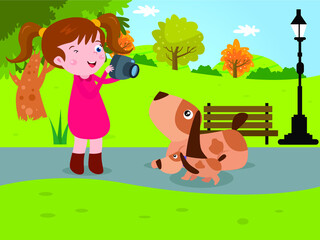 Happy little girl cartoon character with camera taking photo of dog at the park