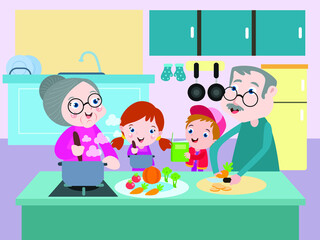 Cooking vegetables vector concept. Happy grandchildren cartoon character and their grandparents cooking vegetables together in the kitchen at home
