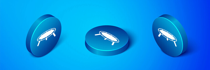 Isometric Jumping trampoline icon isolated on blue background. Blue circle button. Vector