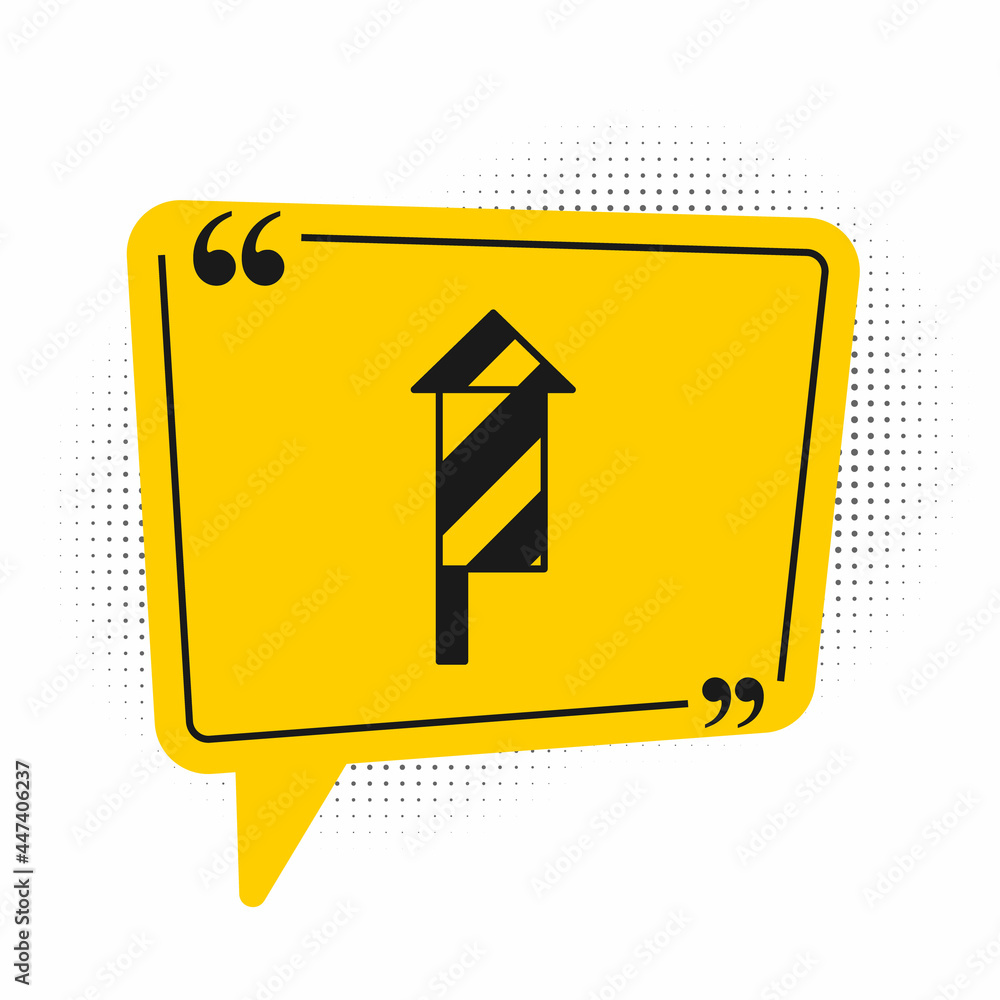 Poster Black Firework rocket icon isolated on white background. Concept of fun party. Explosive pyrotechnic symbol. Yellow speech bubble symbol. Vector