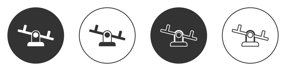 Black Seesaw icon isolated on white background. Teeter equal board. Playground symbol. Circle button. Vector