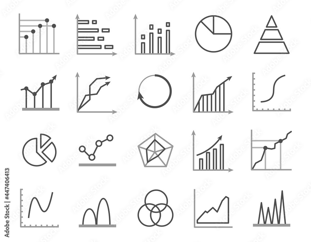 Poster set of business graph icon, color object statistics finance presentation, linear outline success rep