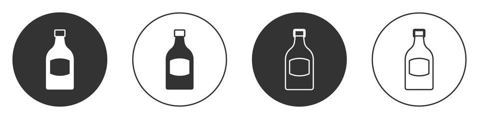 Black Beer bottle icon isolated on white background. Circle button. Vector