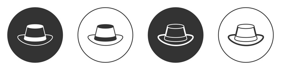 Black Oktoberfest hat icon isolated on white background. Hunter hat with feather. German hat. Circle button. Vector