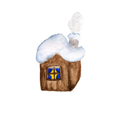 Watercolor illustration of a cute village house, winter landscape. Hand painted illustration, isolated on white