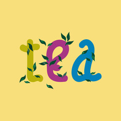 Bright Header word tea with green leafs on a yellow background.