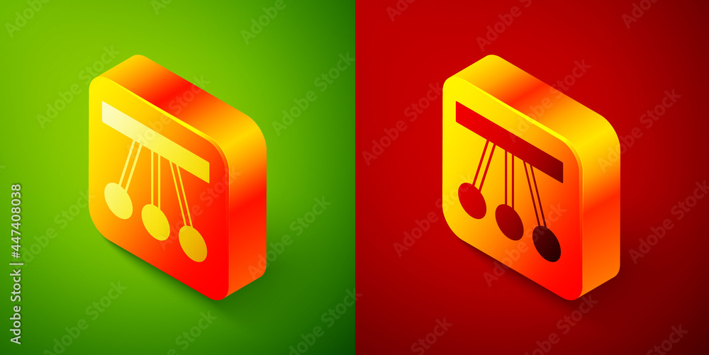 Poster isometric pendulum icon isolated on green and red background. newtons cradle. square button. vector