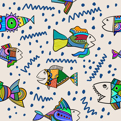 Abstract seamless funny tribal fish pattern. Creative childish background. Perfect for kids apparel, fabric, textile, nursery decoration,wrapping paper. Vector Illustration