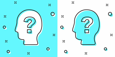 Black line Human head with question mark icon isolated on green and white background. Random dynamic shapes. Vector